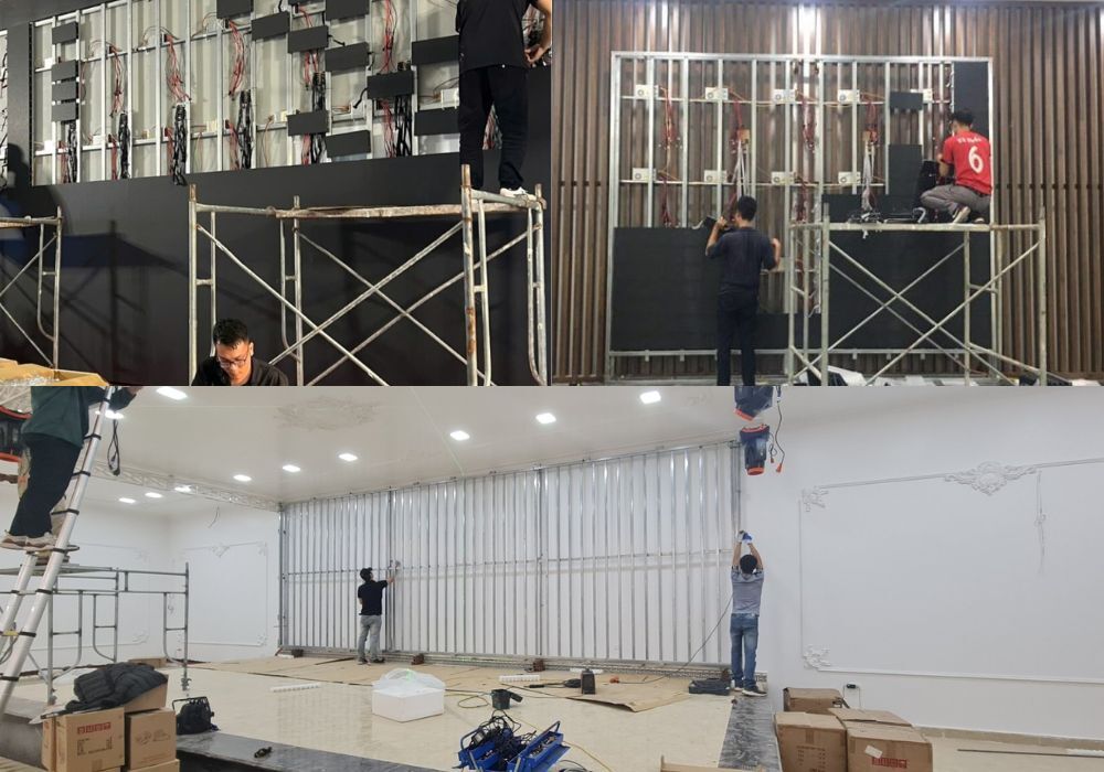 Màn hình LED trong nhà được nhân viên SAVILED kiểm tra, sửa chữa