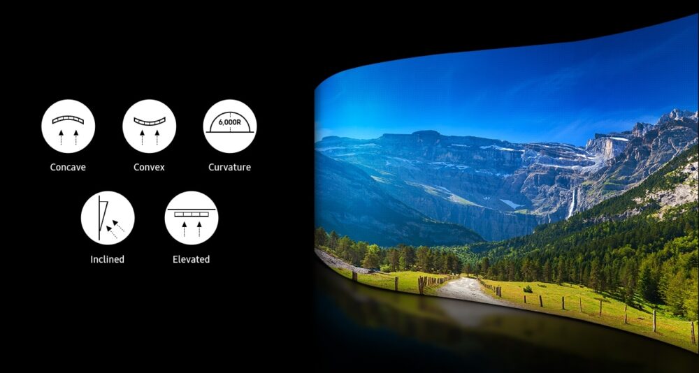 Màn hình Samsung IF-D Series lắp theo đường cong mượt mà với các biểu tượng đặc trưng của thiết kế cong và nghiêng