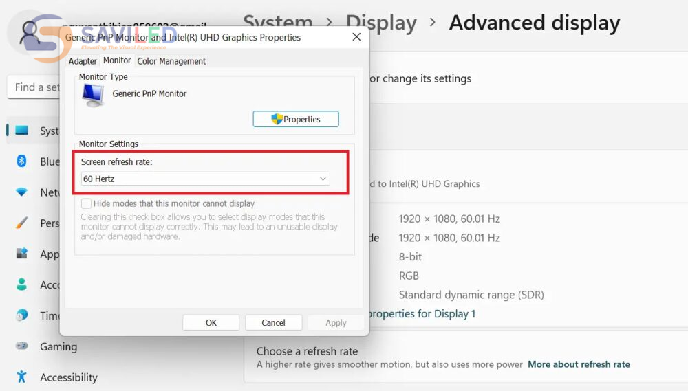 Tần số quét hiển thị ở mục Screen refresh rate Tần số quét hiển thị ở mục Screen refresh rate