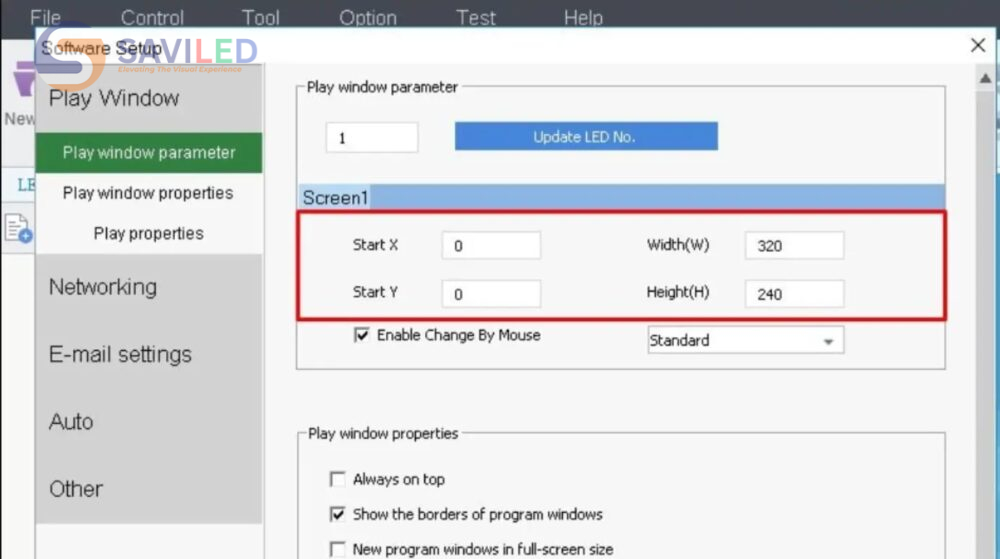 Nhập kích thước, tọa độ hiển thị, chế độ phát và nhấn Save Setup